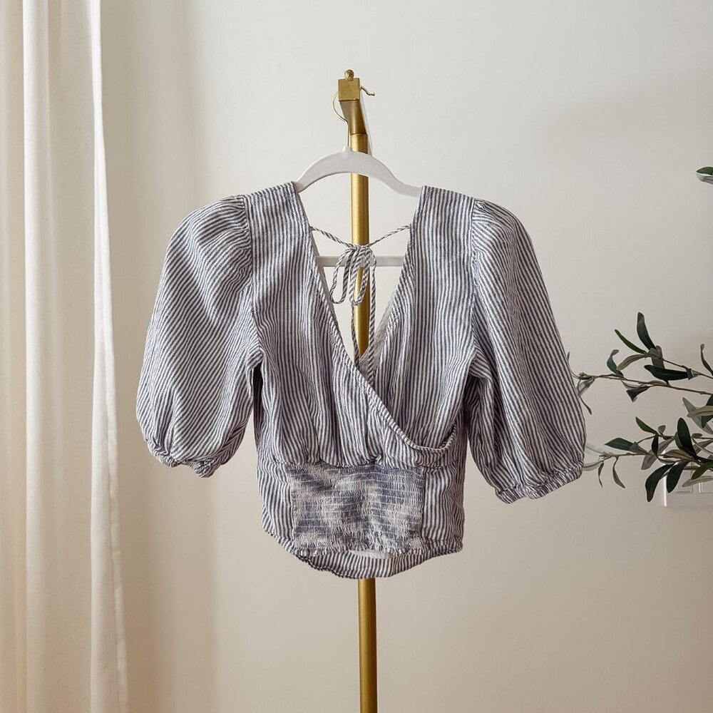 Abercrombie & Fitch Striped Linen Wrap Crop Top | Puff Sleeve | Smocked Back | S - Picture 2 of 12